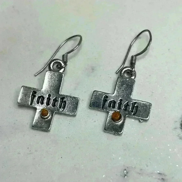 Silver Tone Cross Dangle Earrings with Little Mustard Seeds - Picture 1 of 2